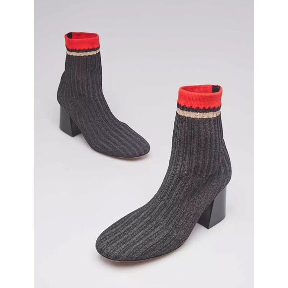 Celine Paris Ribbed Sock Boots 37.5 US 7 Knit Ankle Booties Block Heel Shoes - Picture 1 of 8